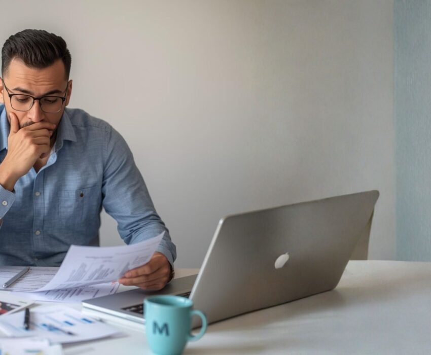 Indépendant réfléchissant à sa stratégie d’épargne suite aux erreurs retraite NC, face à des documents financiers